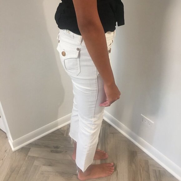 ROCK & REPUBLIC White Kiss Boot Cut Crop Raw Edge Hem Gold Buttons Jeans 28 - Picture 3 of 11